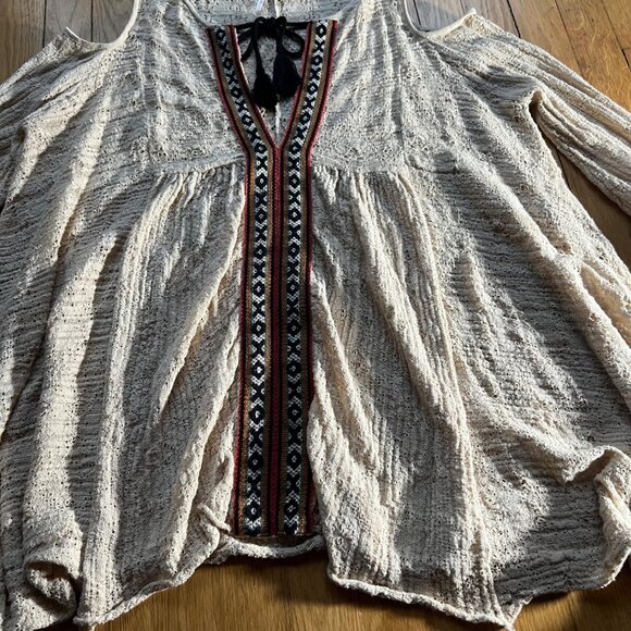 Free People Size S Beige For The Love of Flowers Boho Cold Shoulder Tunic Top - Picture 15 of 16